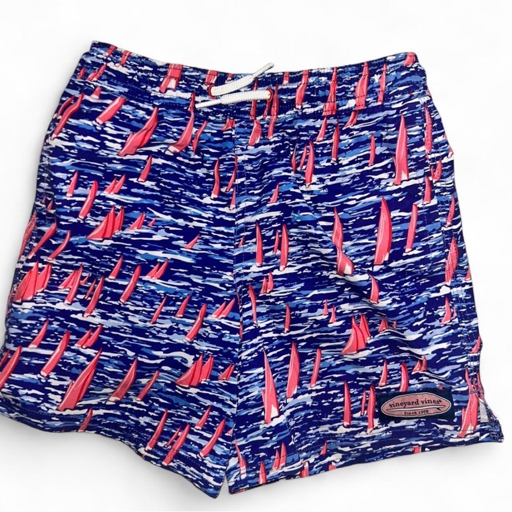 Vineyard Vines Blue Swim Trunks with Pink Sailboat Print